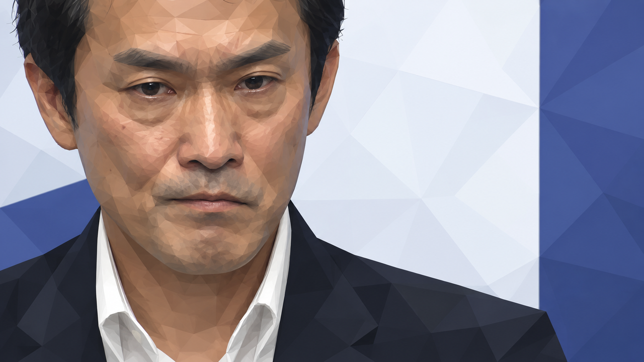 흰색과 푸른색 배경 앞에 짙은 재킷을 입은 오가와 준야가 서 있다.
