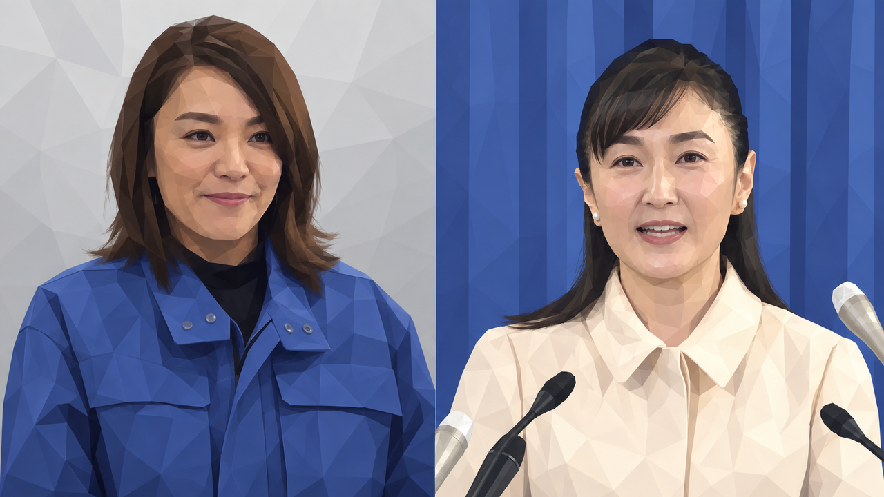 파란 옷을 입은 이마이 에리코와 밝은색 옷을 입고 마이크 앞에 선 이쿠이나 아키코