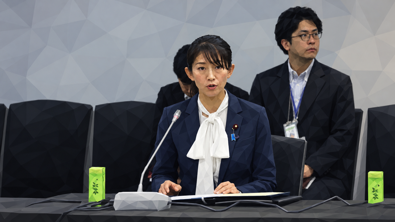 흰 리본 블라우스와 남색 재킷을 입은 모리시타 지사토가 회의에서 발언하고 있다
