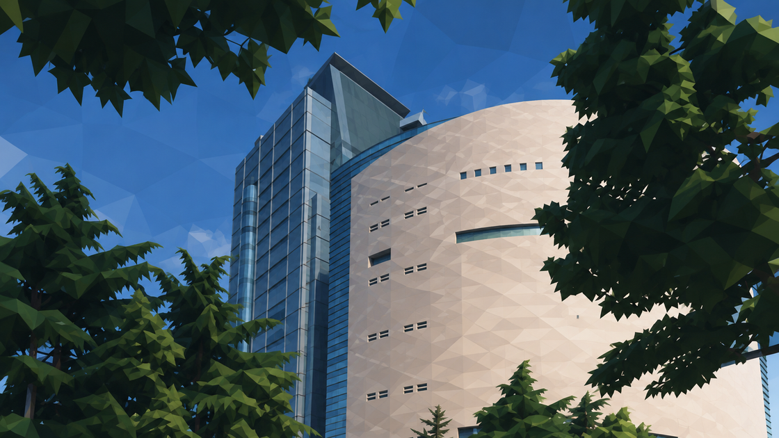 나무 사이로 보이는 유리 외벽의 NHK 오사카 방송회관과 곡면 외벽의 오사카 역사박물관