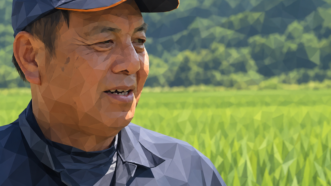 모자와 작업복 차림의 다카하시 요이치가 녹색 논을 배경으로 이야기하고 있다