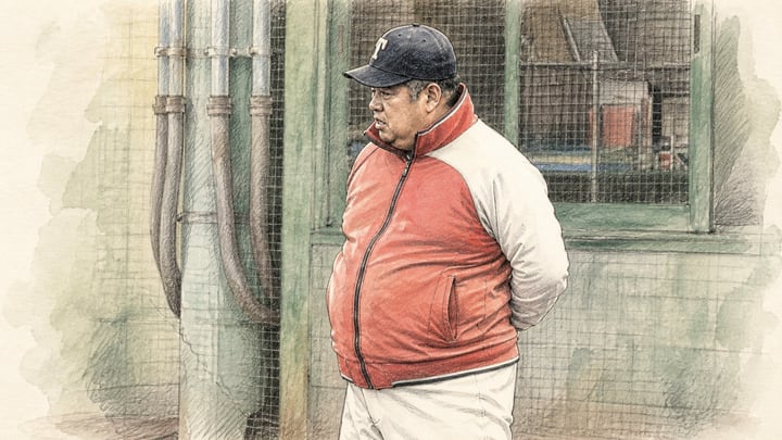 빨간 점퍼와 야구모자를 쓴 감독이 훈련장 펜스 앞에 서 있는 모습