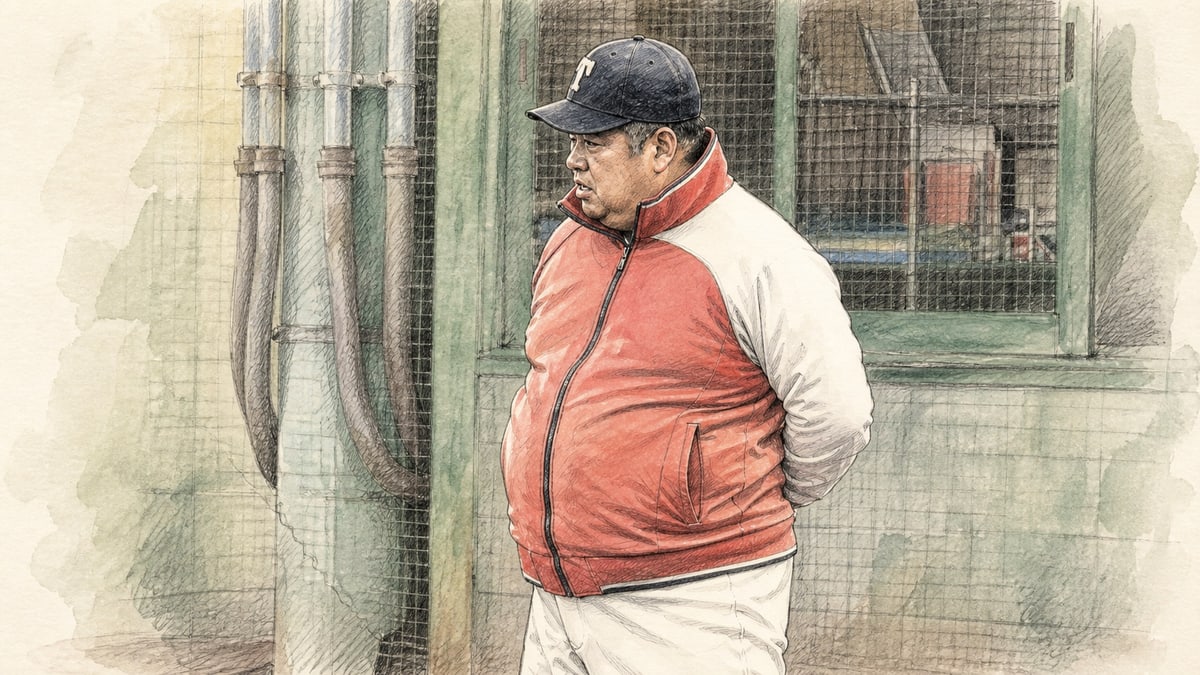 빨간 점퍼와 야구모자를 쓴 감독이 훈련장 펜스 앞에 서 있는 모습