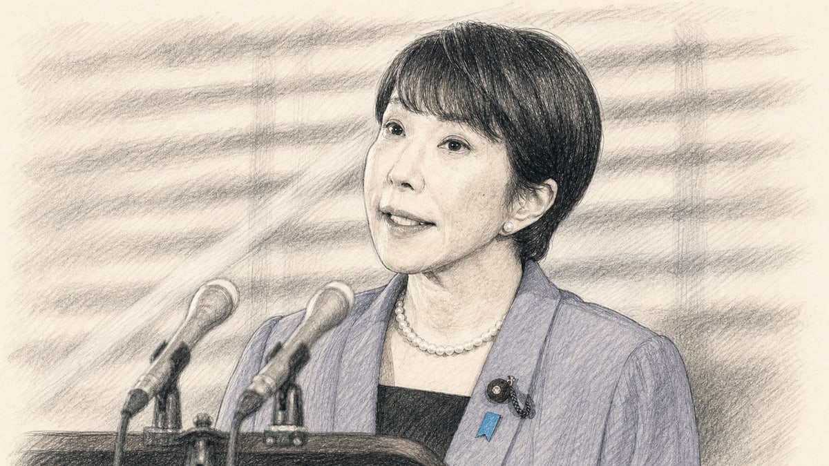 다카이치 사나에 총리가 두 개의 마이크 앞에서 기자들의 질문에 답하는 모습