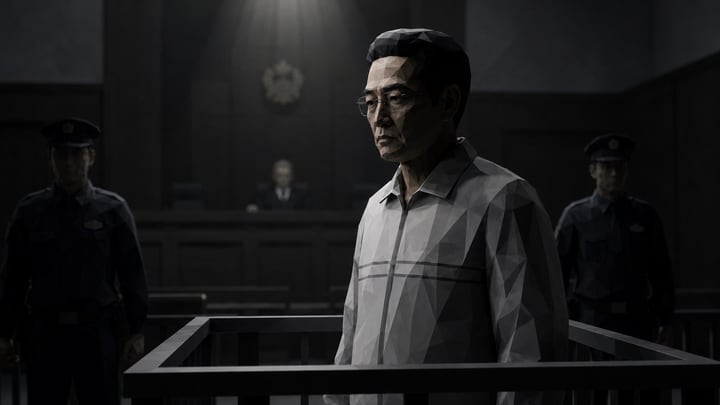 어두운 법정 피고인석에 선 안경 쓴 남성과 양옆을 지키는 제복 차림 인물들