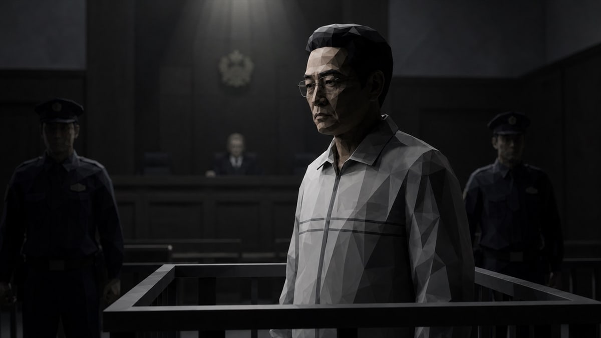 어두운 법정 피고인석에 선 안경 쓴 남성과 양옆을 지키는 제복 차림 인물들