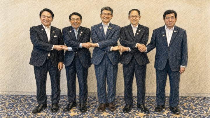 짙은 정장을 입은 남성 다섯 명이 실내에서 나란히 서서 서로 손을 맞잡은 모습