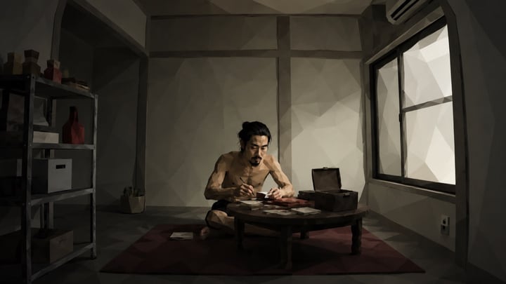 경품 응모 엽서가 놓인 낮은 탁자 앞에 앉아 글을 쓰는 남성