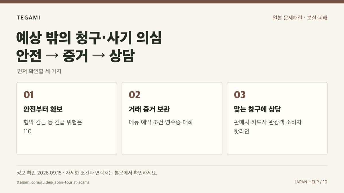 예상 밖의 청구·사기 의심 안전 → 증거 → 상담 문구와 안전부터 확보, 거래 증거 보관, 맞는 창구에 상담 순서